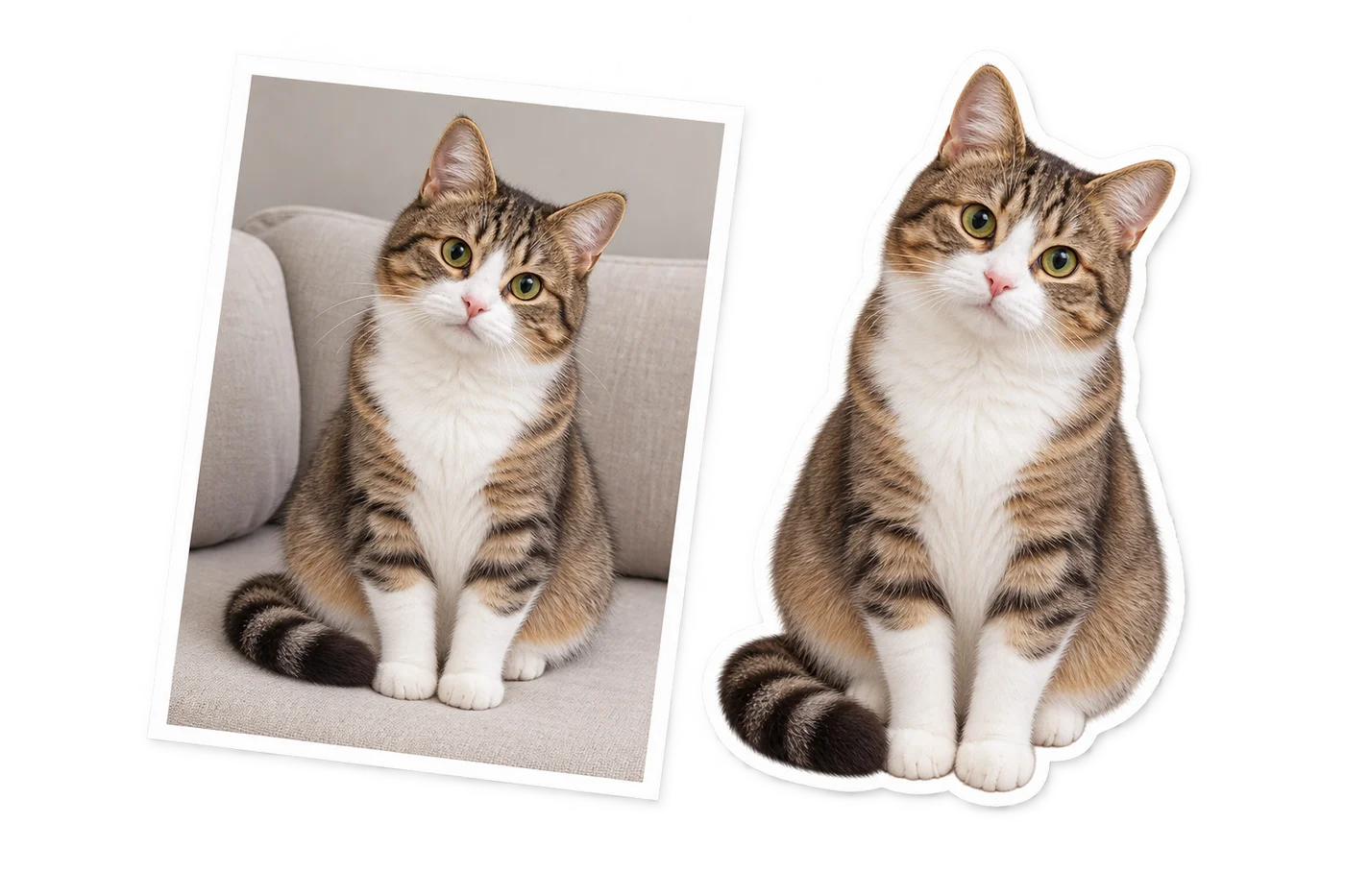 A cat photograph beside a white-bordered transparent sticker of the same cat